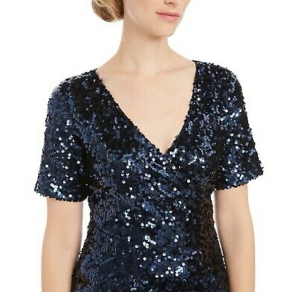 Calvin Klein Women's Dress Blue Sequin Short Sleeve V-Neck Gown - Picture 3 of 15